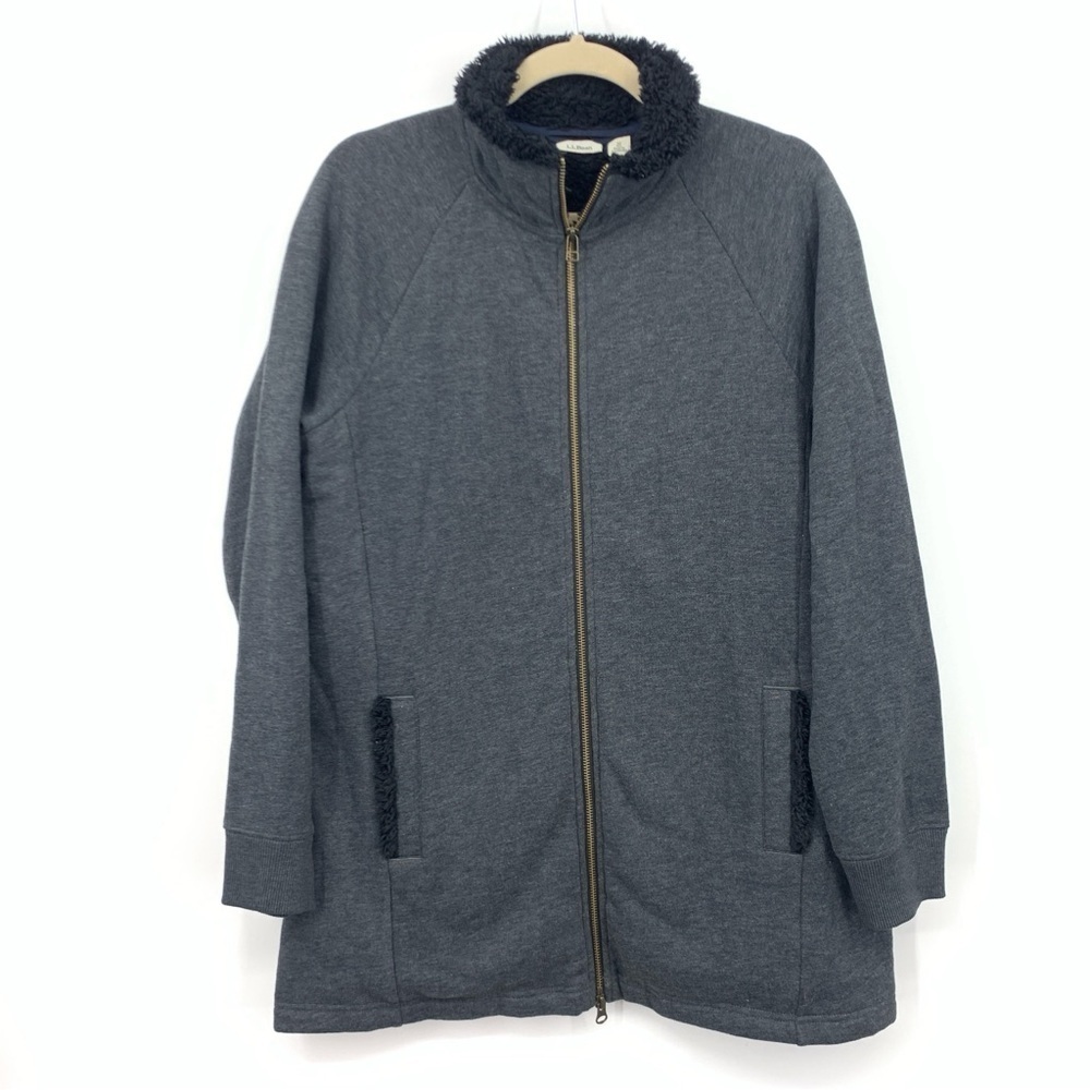 LL Bean Women Size Medium Sweatshirt Zip Jacket Top Gray Black Sherpa Lined